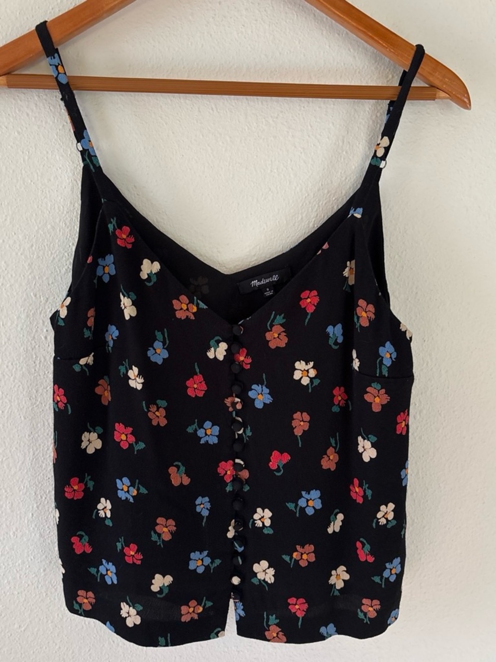 Madewell Black Floral Button-Front Cami Top Size 0 V-Neck Back Retro Cottage